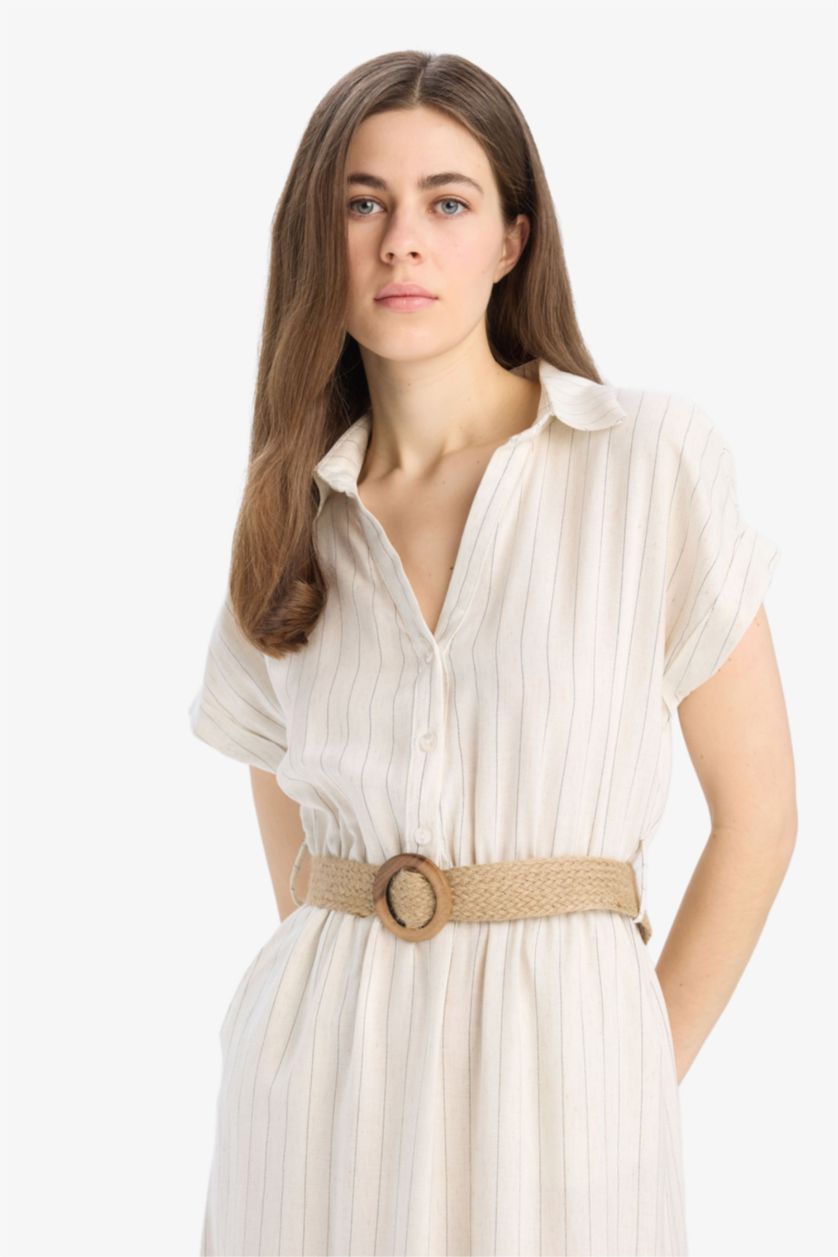Kadın Ekru Gömlek Yaka Keten Karışımlı Kemerli Kısa Kollu Midi Elbise
