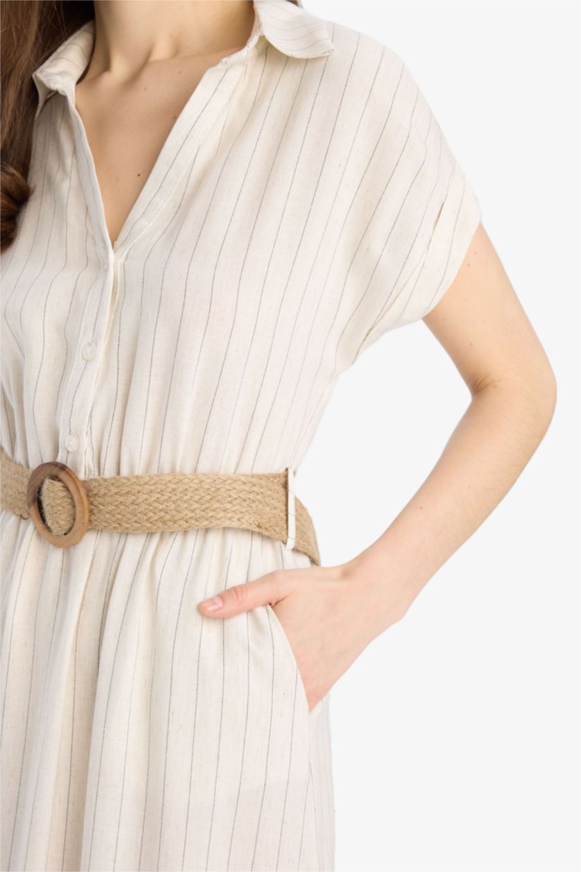 Kadın Ekru Gömlek Yaka Keten Karışımlı Kemerli Kısa Kollu Midi Elbise