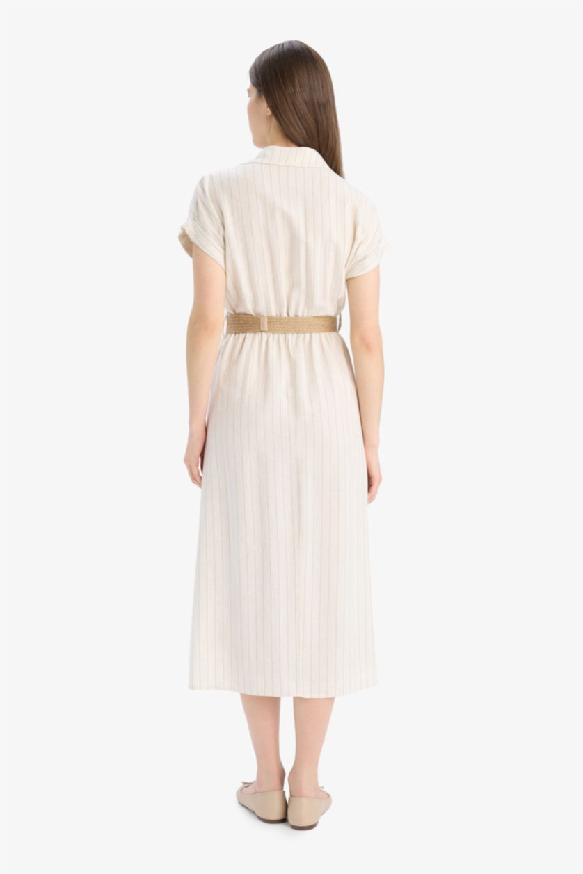 Kadın Ekru Gömlek Yaka Keten Karışımlı Kemerli Kısa Kollu Midi Elbise