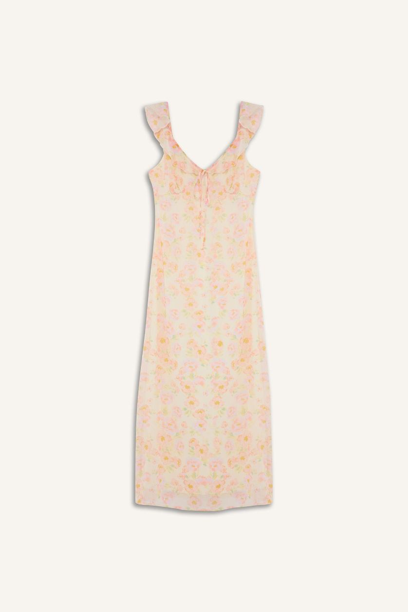 Kadın Sarı Çiçekli Şifon Kolsuz Maxi Elbise