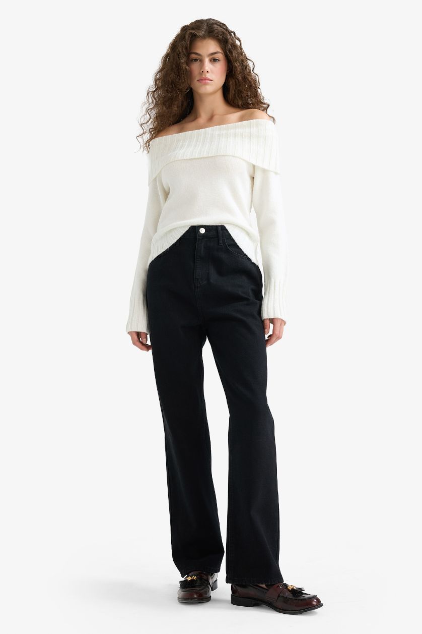 Kadın Ekru Slim Fit Dar Kesim Açık Omuz Triko Kazak