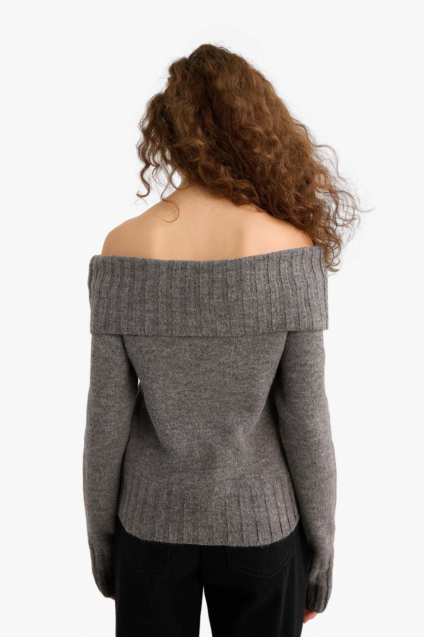 Kadın Gri Melanj Slim Fit Dar Kesim Açık Omuz Triko Kazak