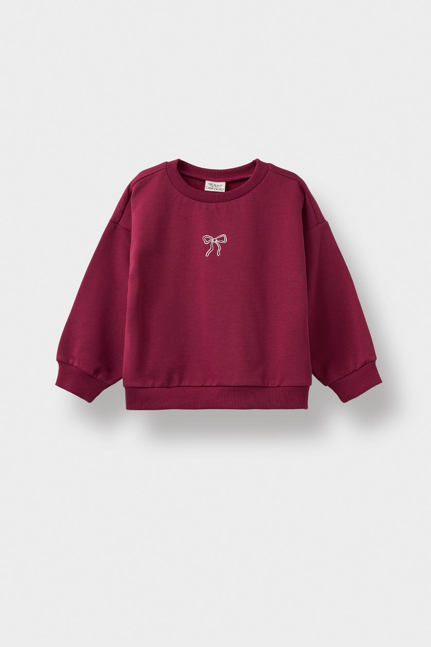 Kız Bebek Bordo Kız Bebek Bisiklet Yaka İçi Yumuşak Tüylü Baskılı Sweatshirt
