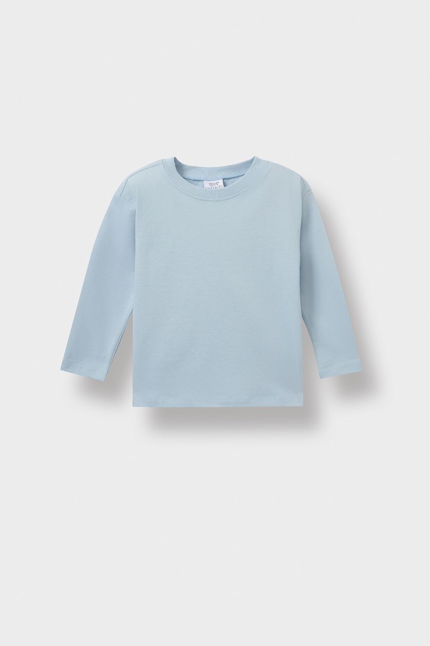 Erkek Bebek Açık Mavi Erkek Bebek Bisiklet Yaka Basic Düz Uzun Kollu Tişört
