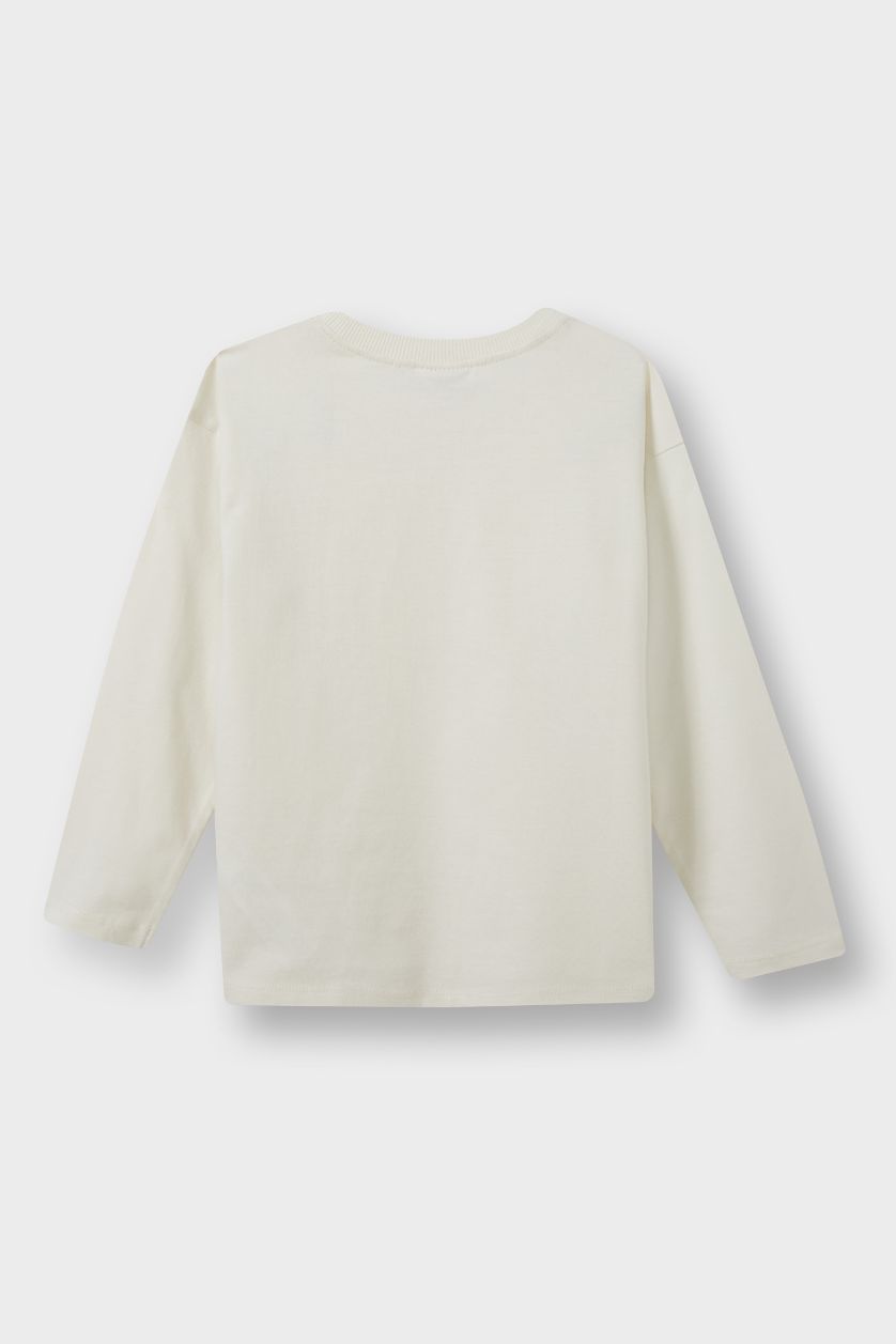 Erkek Bebek Ekru Erkek Bebek Bisiklet Yaka Basic Düz Uzun Kollu Tişört 