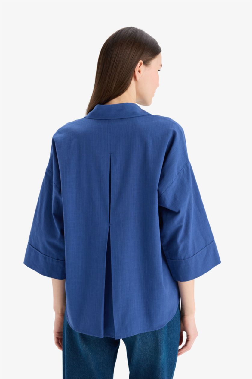Kadın Mavi Regular Fit Keten Karışımlı Kısa Kollu Gömlek