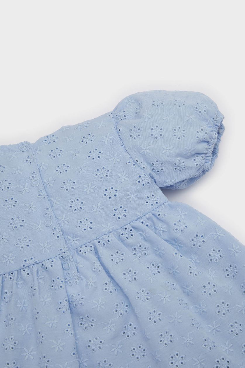 Kız Bebek Açık Mavi 2'li Takım Çiçekli Kısa Kollu Brode Elbise Külot Kız Bebek