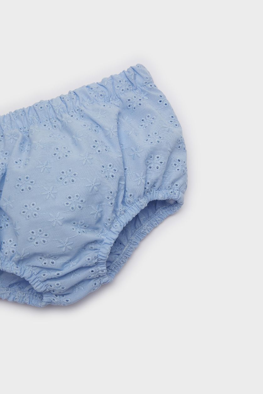 Kız Bebek Açık Mavi 2'li Takım Çiçekli Kısa Kollu Brode Elbise Külot Kız Bebek