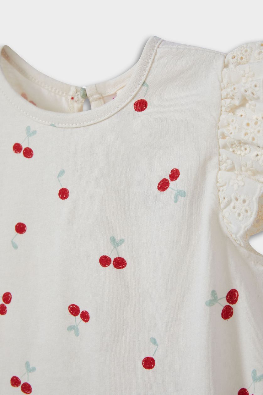 Kız Bebek Ekru 3'lü Takım Meyve Desenli Kısa Kollu Tişört Yumuşak Jean Şort Saç Bandı Kız Bebek