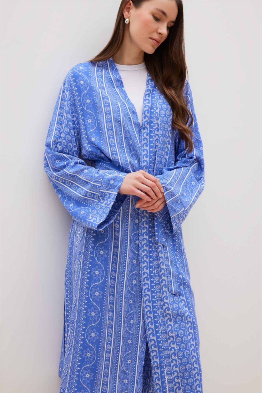 Kadın İndigo Relax Fit V Yaka Etnik Desenli Kuşaklı Uzun Kimono
