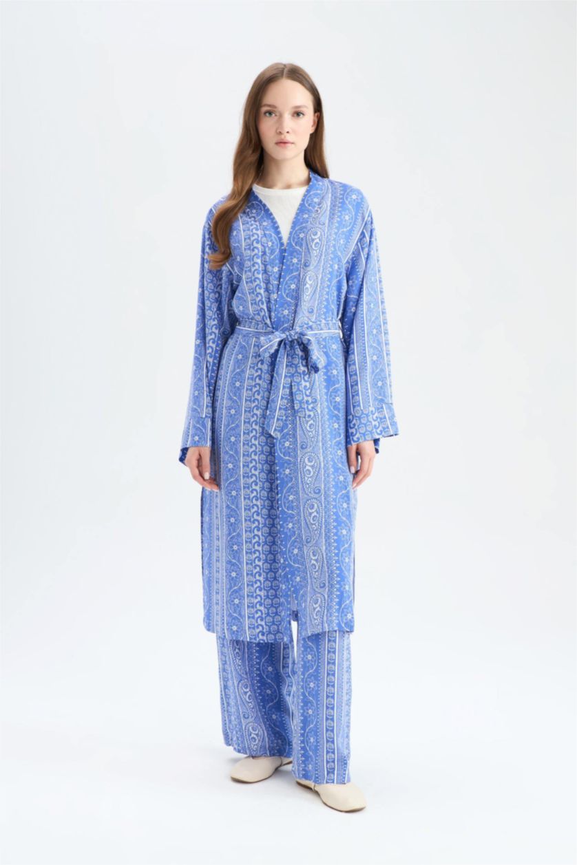 Kadın İndigo Relax Fit V Yaka Etnik Desenli Kuşaklı Uzun Kimono