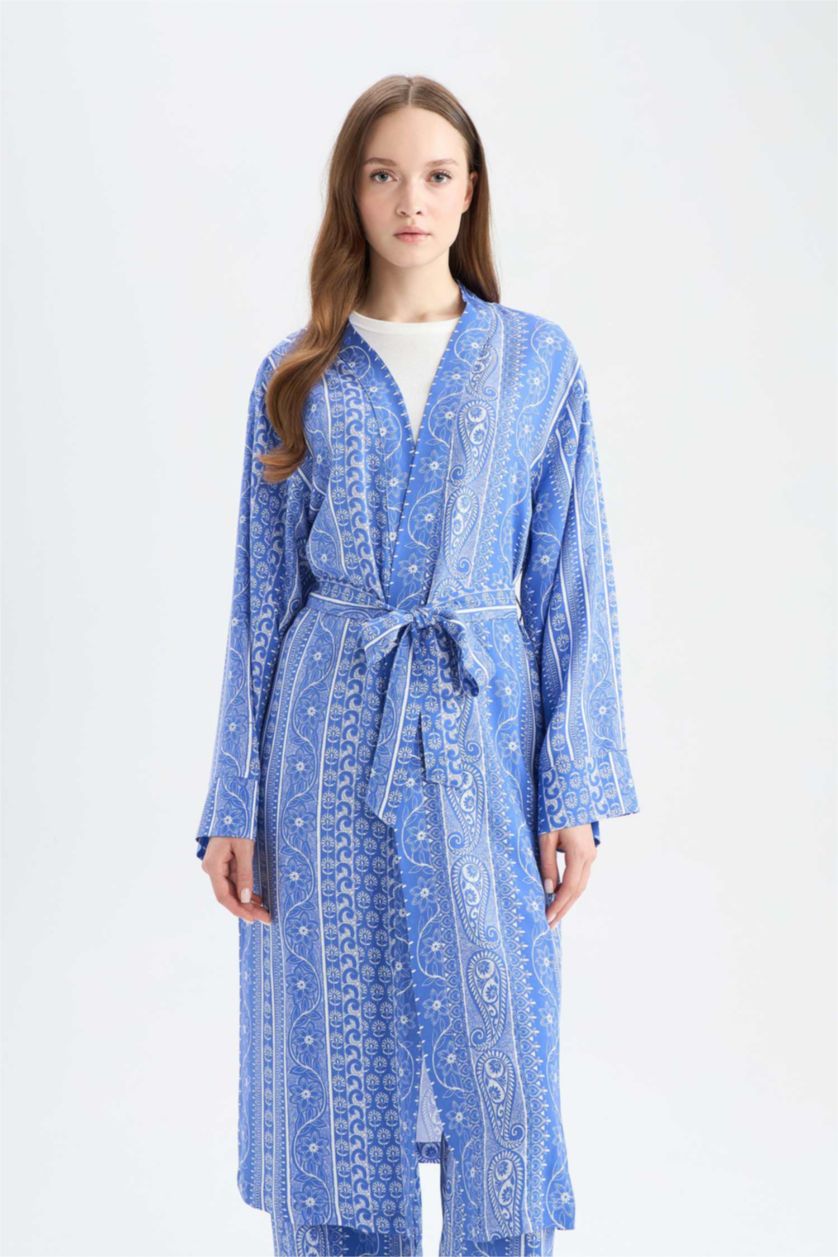 Kadın İndigo Relax Fit V Yaka Etnik Desenli Kuşaklı Uzun Kimono