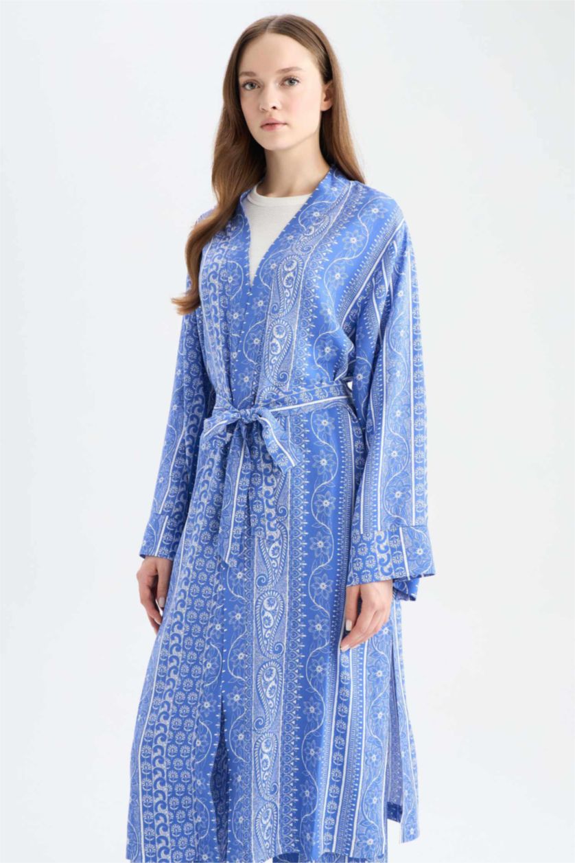Kadın İndigo Relax Fit V Yaka Etnik Desenli Kuşaklı Uzun Kimono