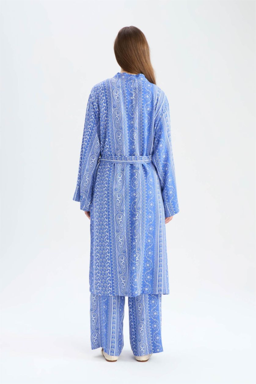 Kadın İndigo Relax Fit V Yaka Etnik Desenli Kuşaklı Uzun Kimono