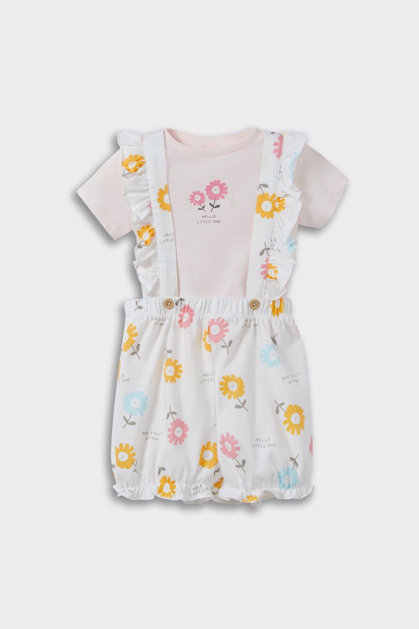 Kız Bebek Kırık Beyaz 2'li Takım Çiçekli Penye Kısa Kollu Tişört Salopet Kız Bebek