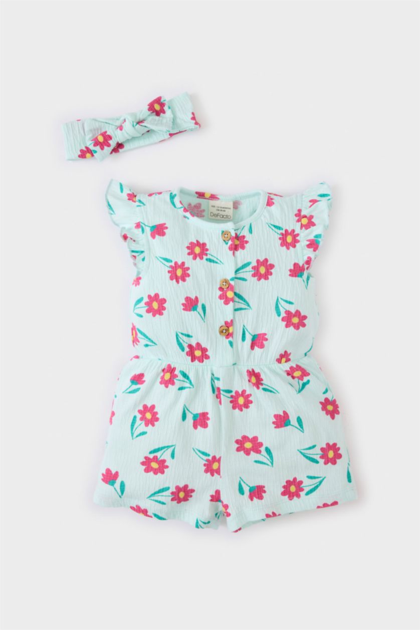 Kız Bebek Deniz Mavisi Çiçekli Tulum Kız Bebek
