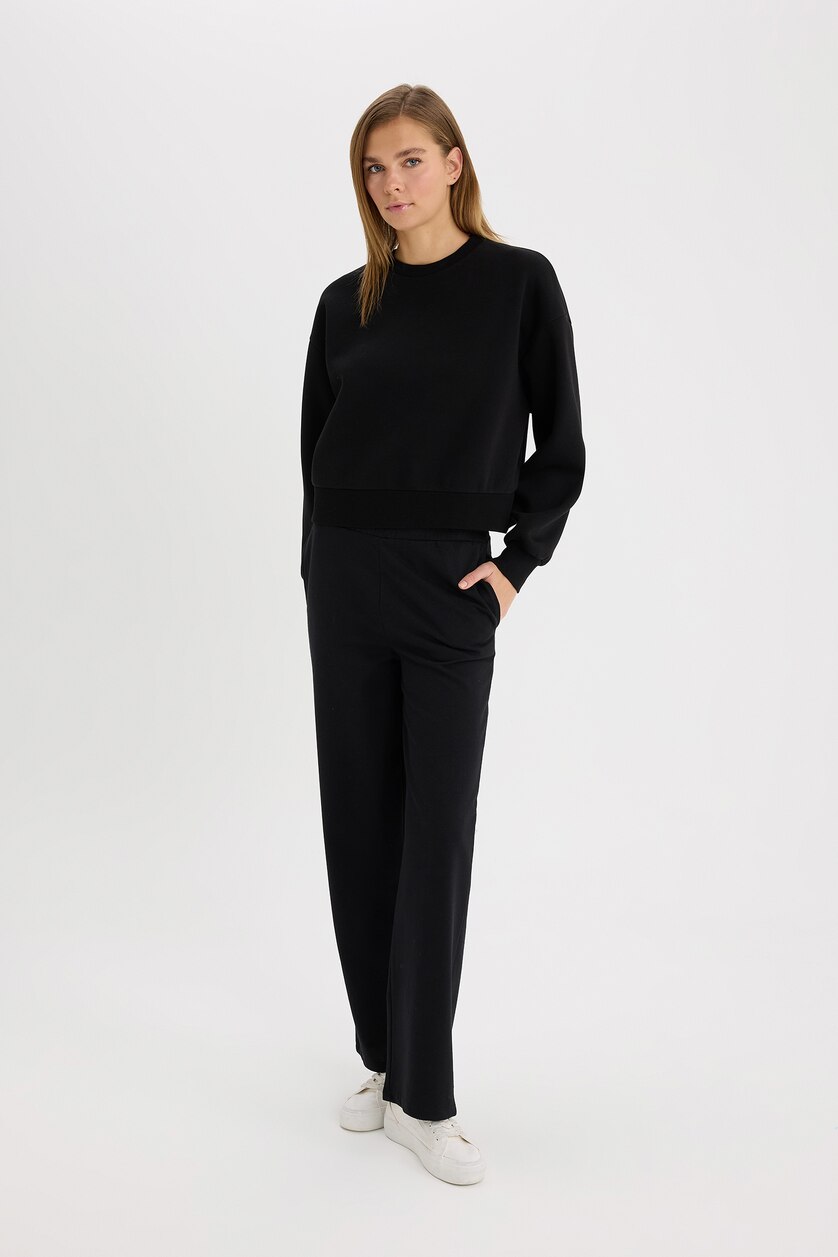 WOMAN Black Straight Fit Thin Sweatshirt Fabric Trousers