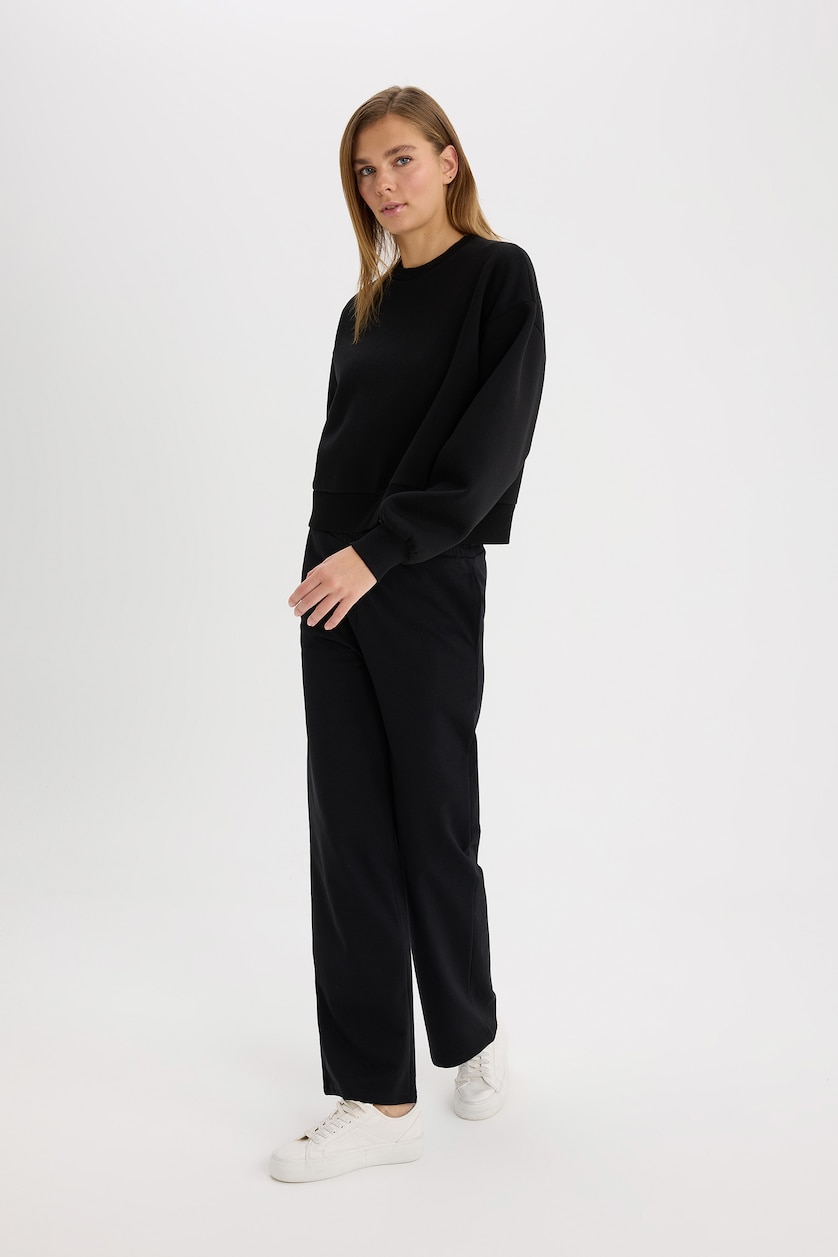 WOMAN Black Straight Fit Thin Sweatshirt Fabric Trousers