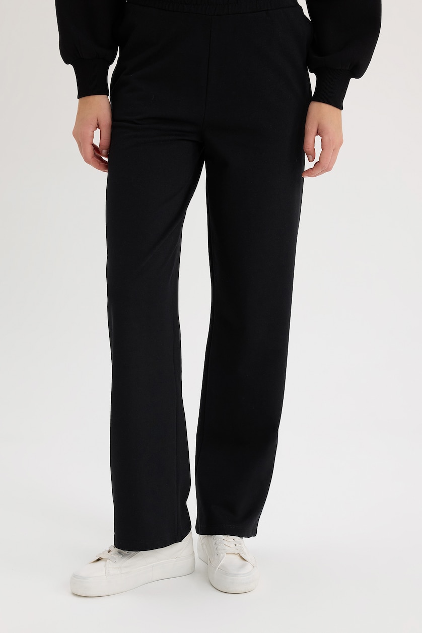 WOMAN Black Straight Fit Thin Sweatshirt Fabric Trousers