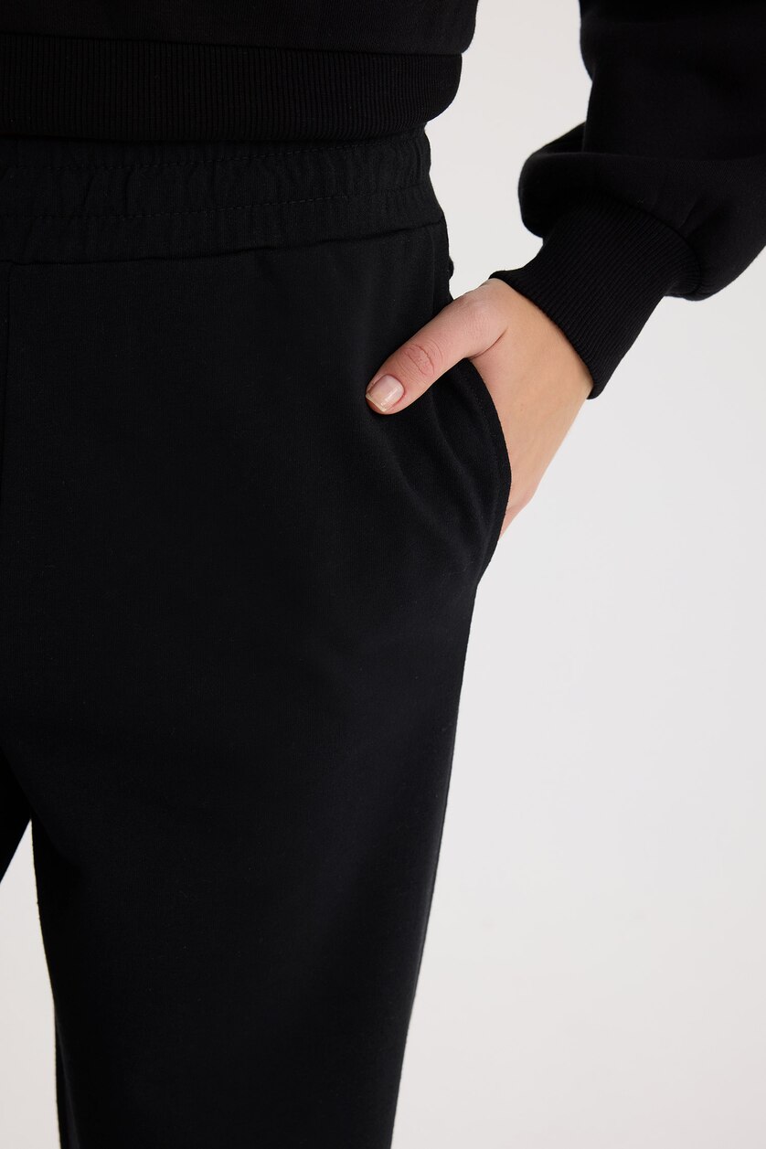 WOMAN Black Straight Fit Thin Sweatshirt Fabric Trousers