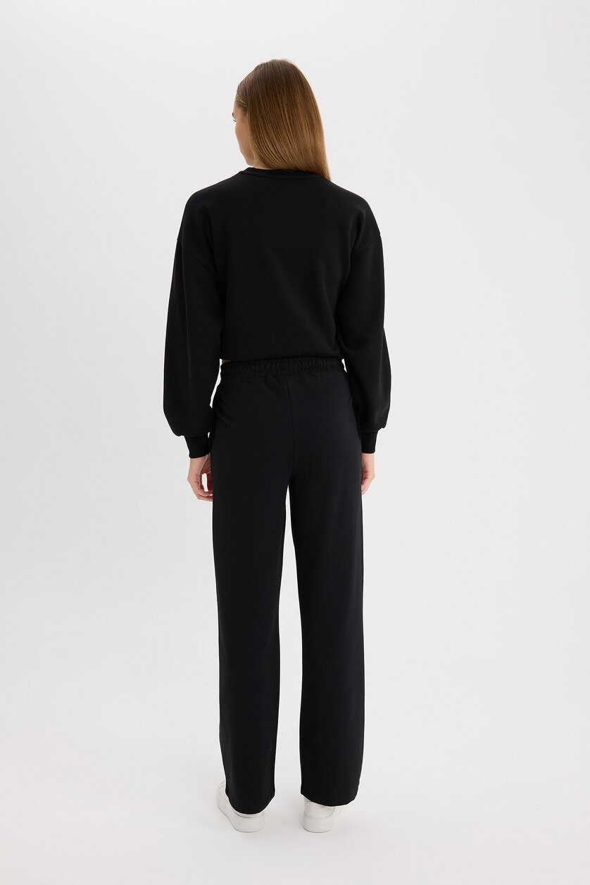 WOMAN Black Straight Fit Thin Sweatshirt Fabric Trousers
