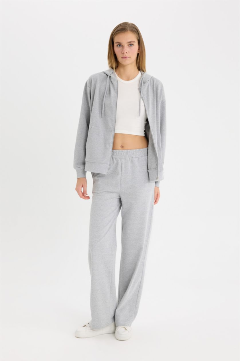 WOMAN Grey Melange Straight Fit Thin Sweatshirt Fabric Trousers