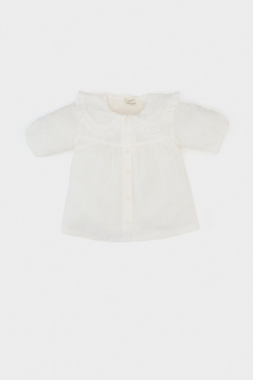 طفلة صغيرة اوف وايت قميص نص كم بناتي قصة عادية بياقة بالدانتيل