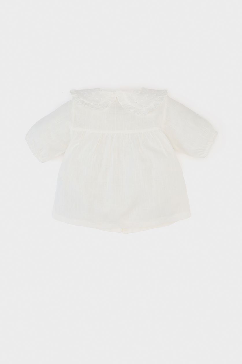 طفلة صغيرة اوف وايت قميص نص كم بناتي قصة عادية بياقة بالدانتيل