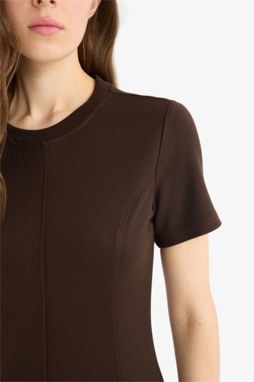 Kadın Kahve Bisiklet Yaka Basic Düz Kısa Kollu Mini Elbise