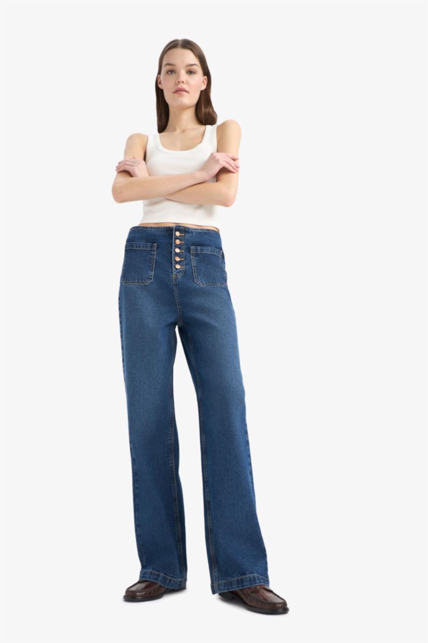 Женщины Темно-голубой Длинные джинсы 90's Wide Leg с высокой талией и эффектом "варенки"