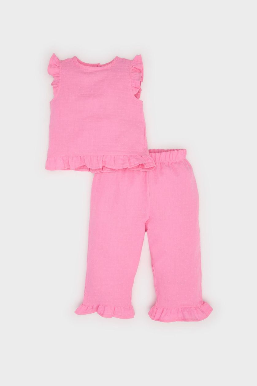 Kız Bebek Pembe 2'li Takım Kolsuz Tişört Beli Lastikli Alt Kız Bebek