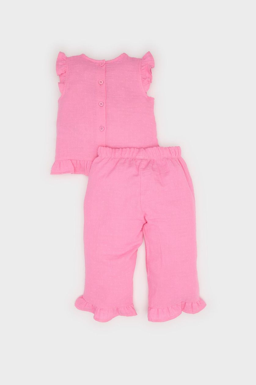 Kız Bebek Pembe 2'li Takım Kolsuz Tişört Beli Lastikli Alt Kız Bebek