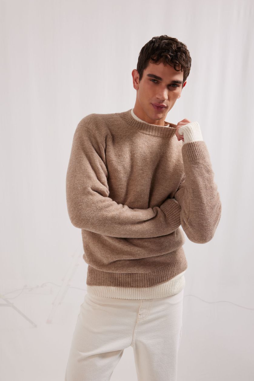 Man Light Beige Melange Relax Fit Crew Neck Knitwear Pullover