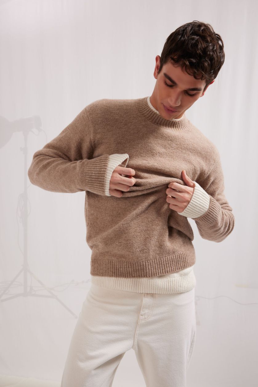 Man Light Beige Melange Relax Fit Crew Neck Knitwear Pullover