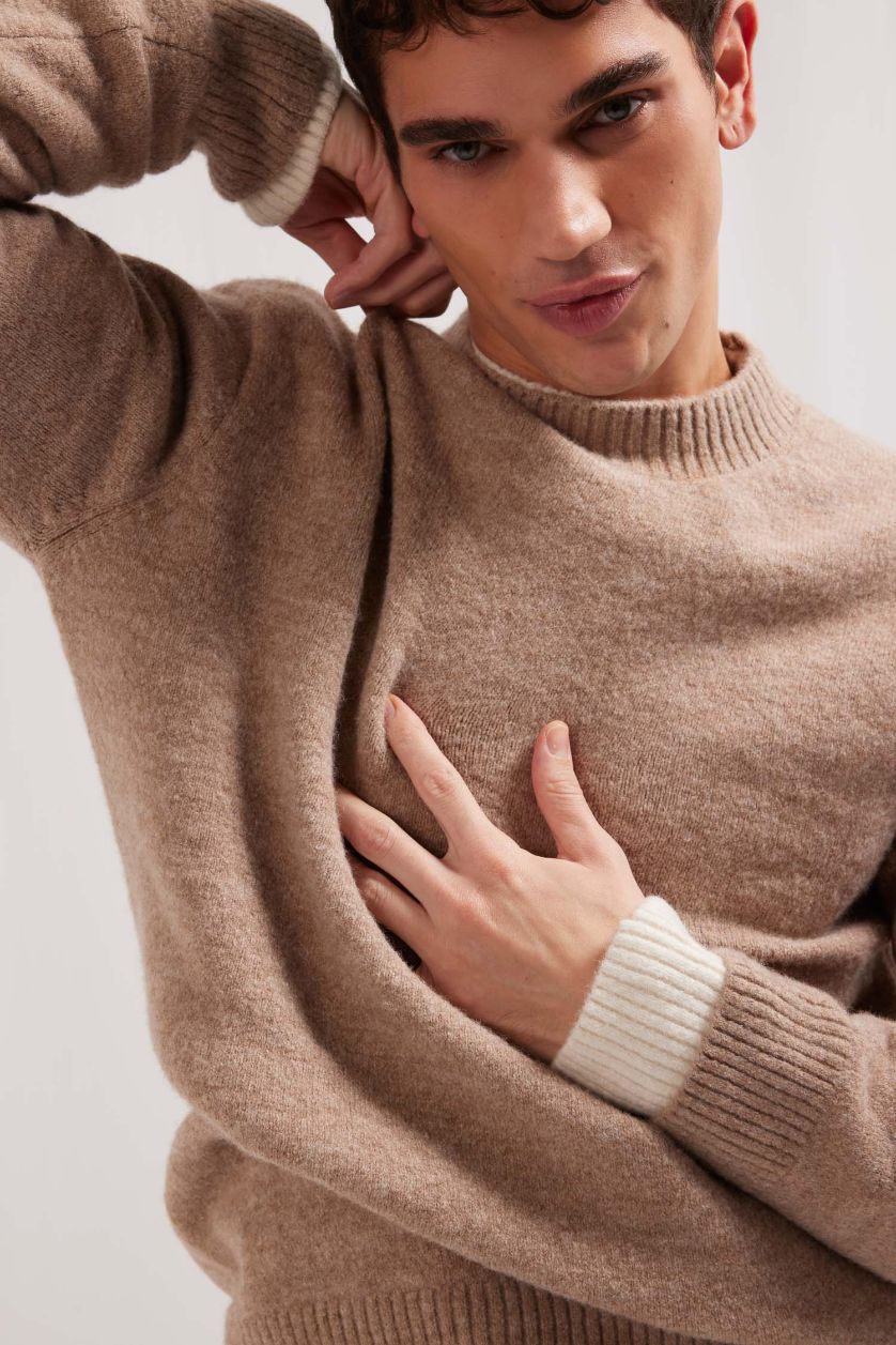 Man Light Beige Melange Relax Fit Crew Neck Knitwear Pullover