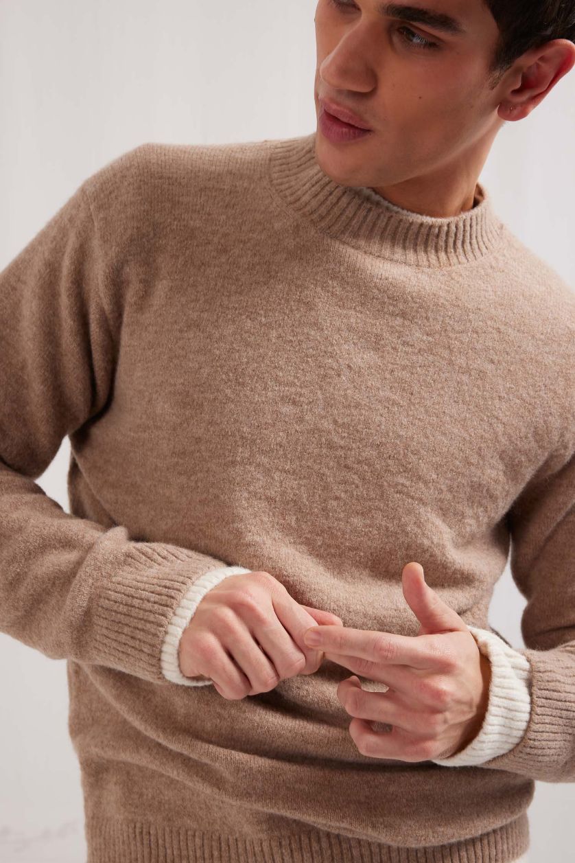 Man Light Beige Melange Relax Fit Crew Neck Knitwear Pullover