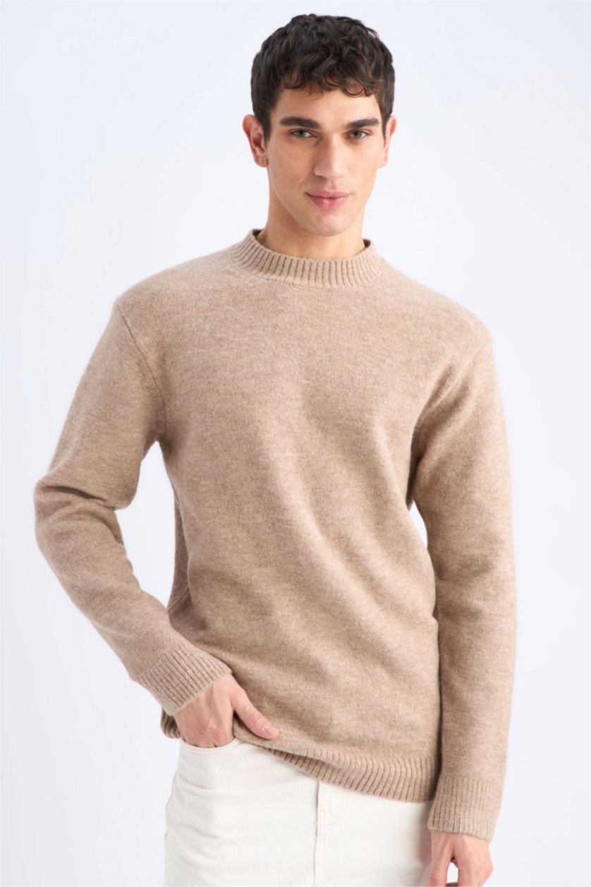 Man Light Beige Melange Relax Fit Crew Neck Knitwear Pullover