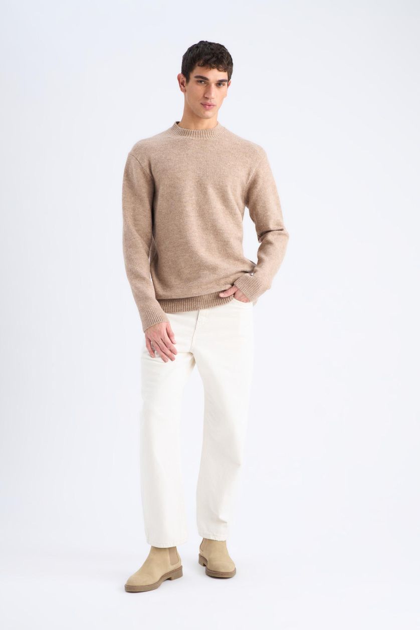 Man Light Beige Melange Relax Fit Crew Neck Knitwear Pullover