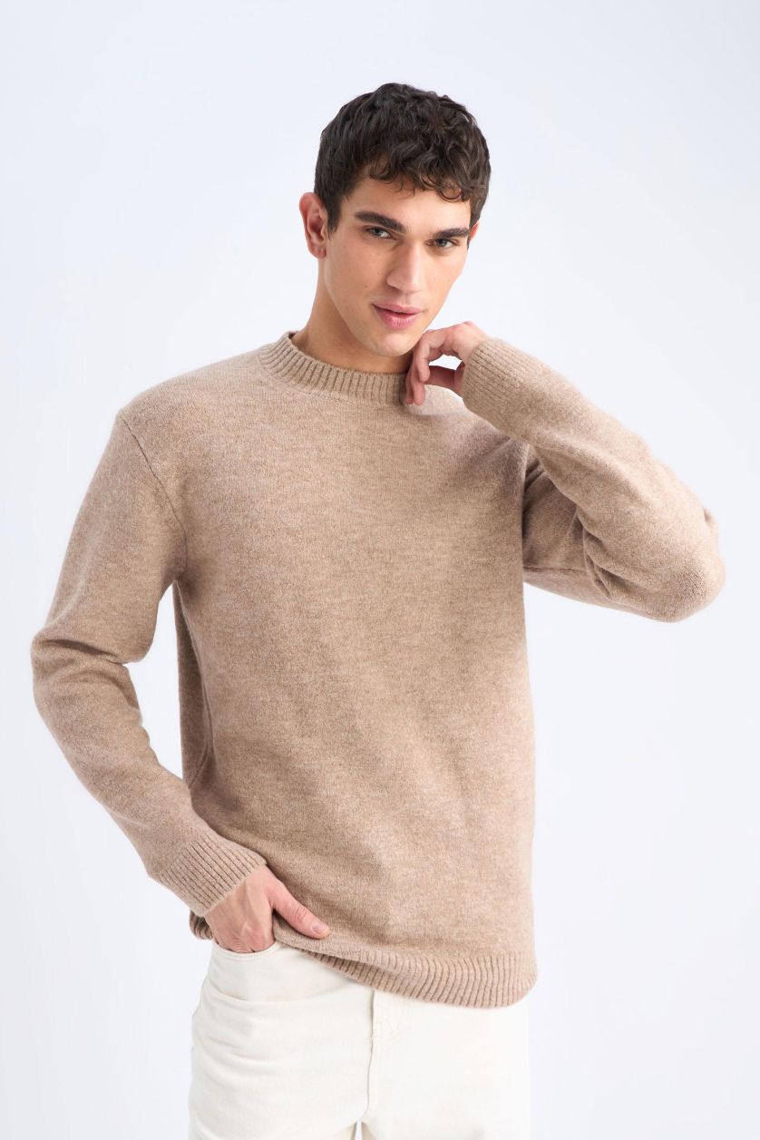 Man Light Beige Melange Relax Fit Crew Neck Knitwear Pullover
