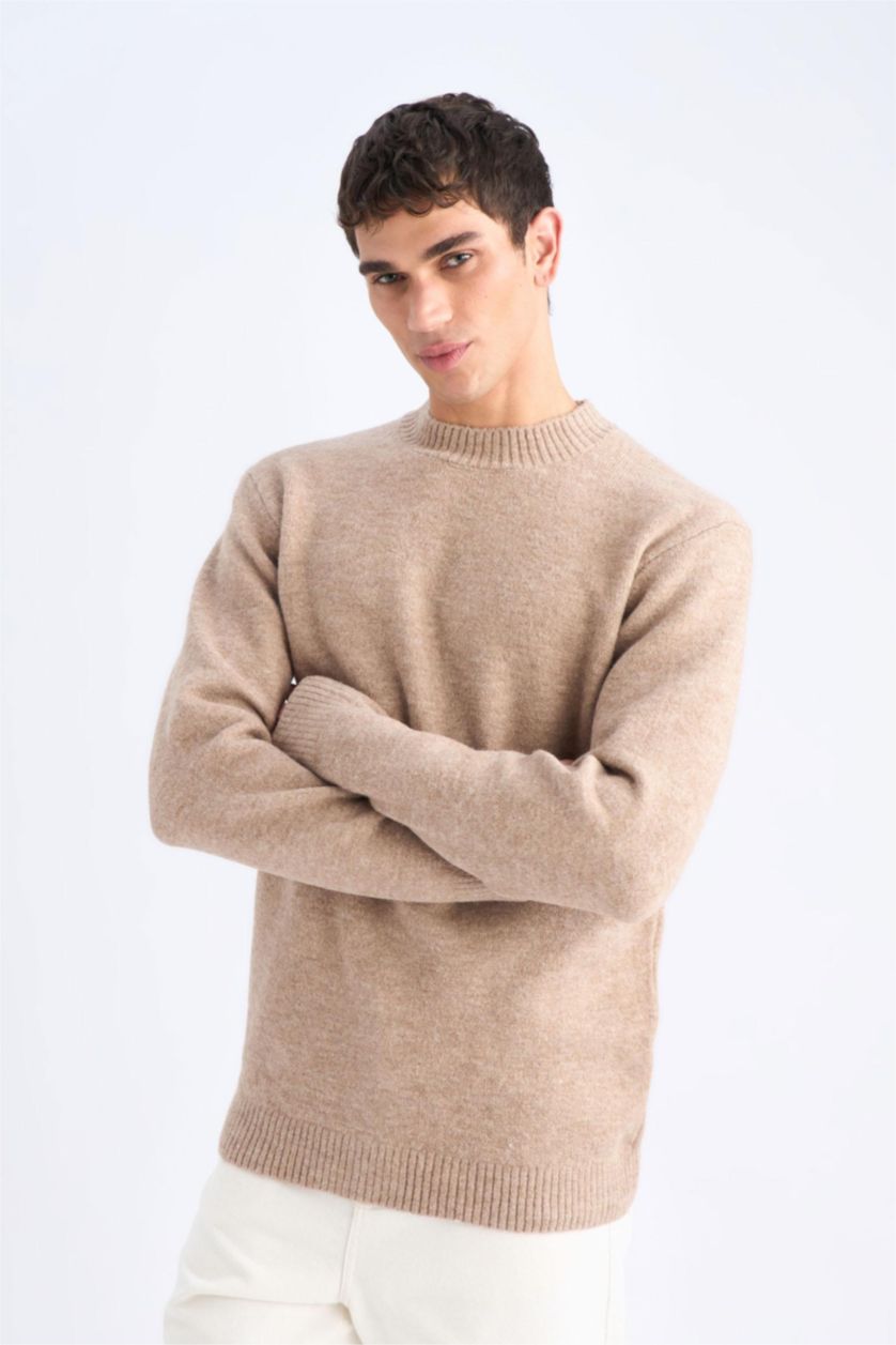 Man Light Beige Melange Relax Fit Crew Neck Knitwear Pullover