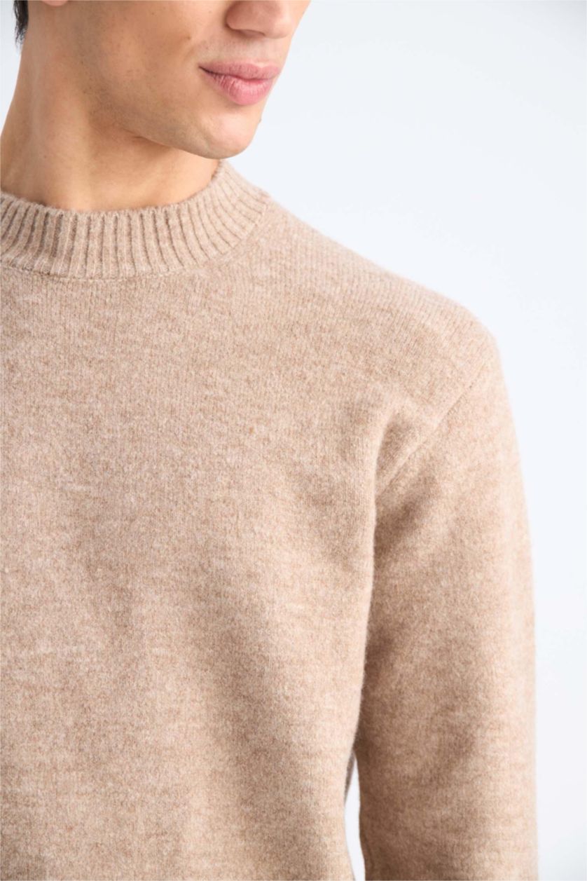 Man Light Beige Melange Relax Fit Crew Neck Knitwear Pullover