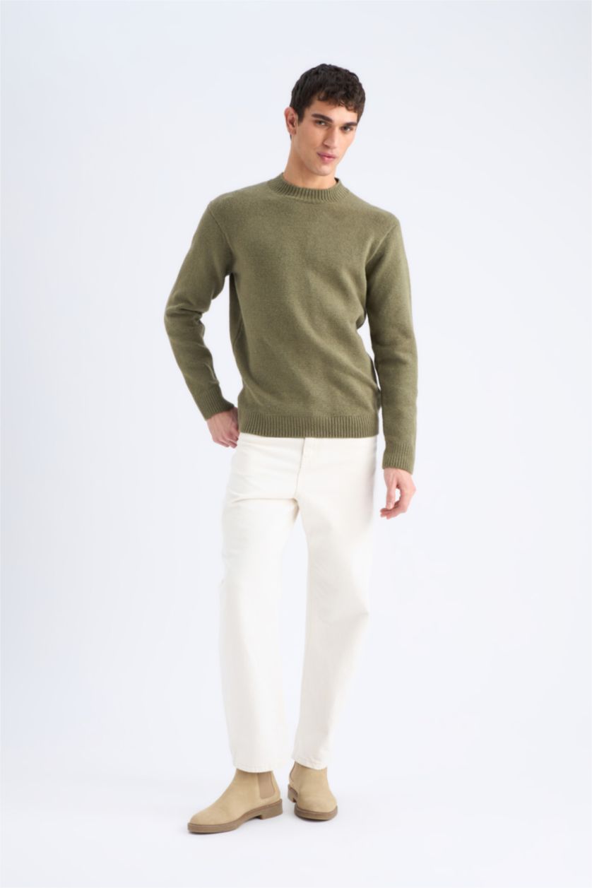 Erkek Haki Relax Fıt Bisiklet Yaka Triko Kazak