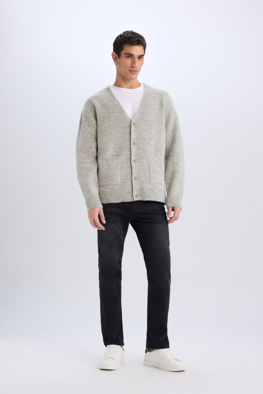 Erkek Gri Melanj Relax Fit V Yaka Basic Düz Cepli Triko Hırka