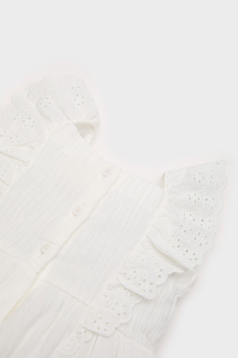 طفلة صغيرة بيج فاتح فستان بوبلين قصة عادية بدون كم