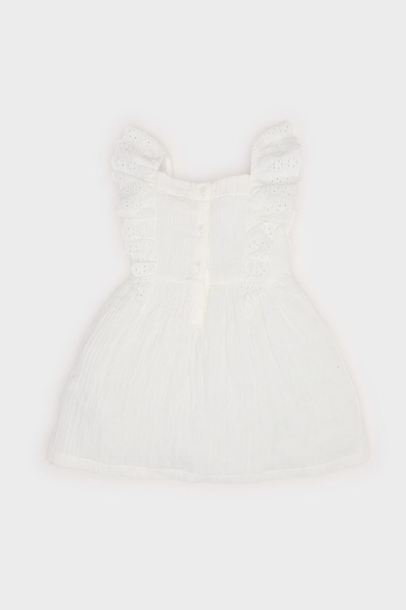 طفلة صغيرة بيج فاتح فستان بوبلين قصة عادية بدون كم