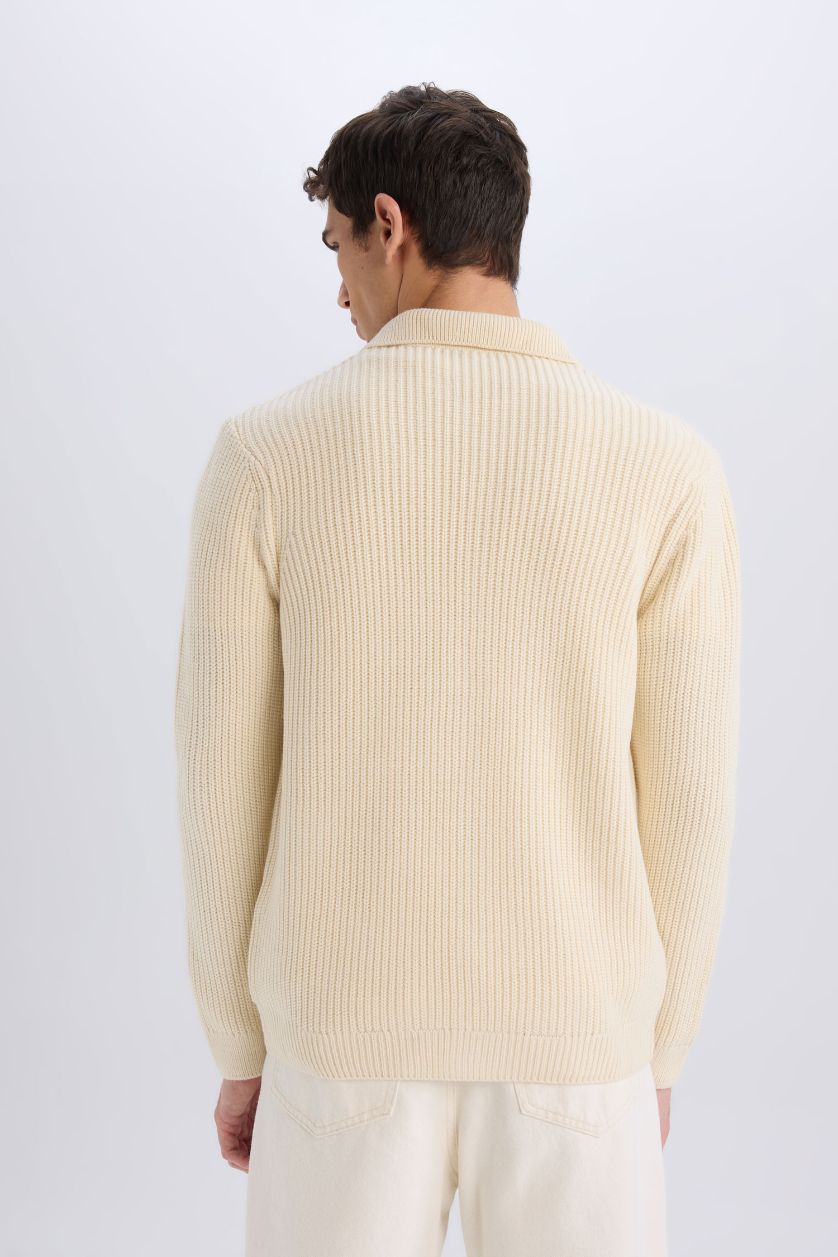 Erkek Ekru Standart Fit Polo Yaka Düğmeli Triko Hırka