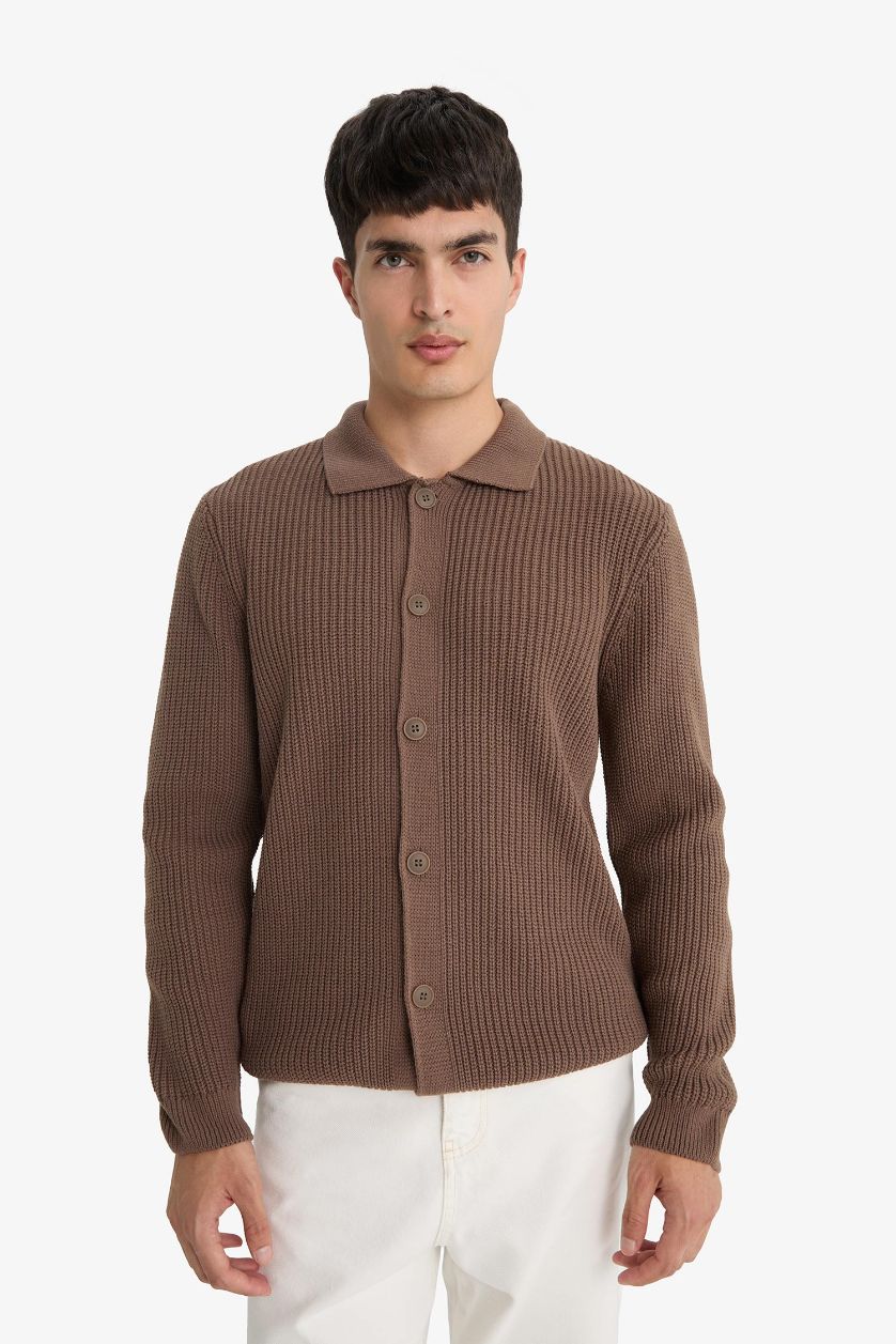 MAN Brown Standard Fit Polo Collar Knitwear Cardigan