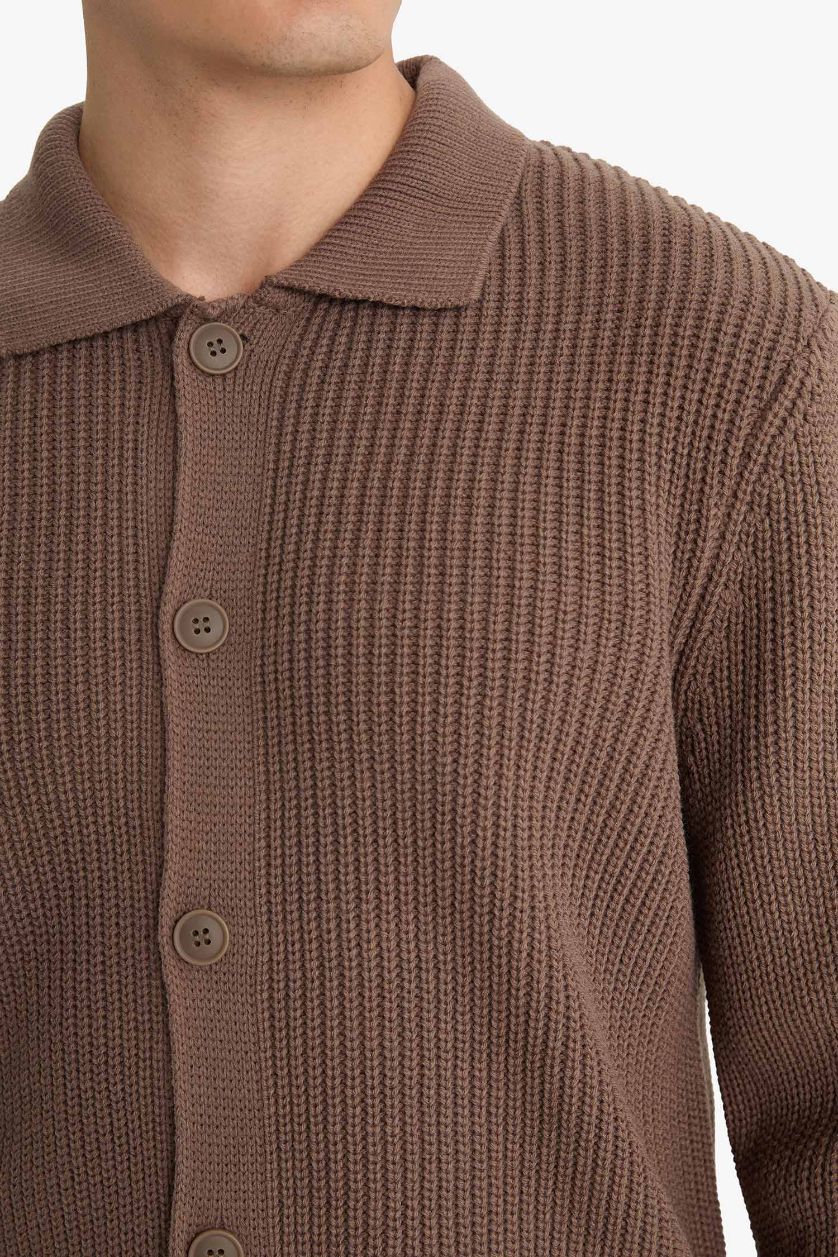 MAN Brown Standard Fit Polo Collar Knitwear Cardigan