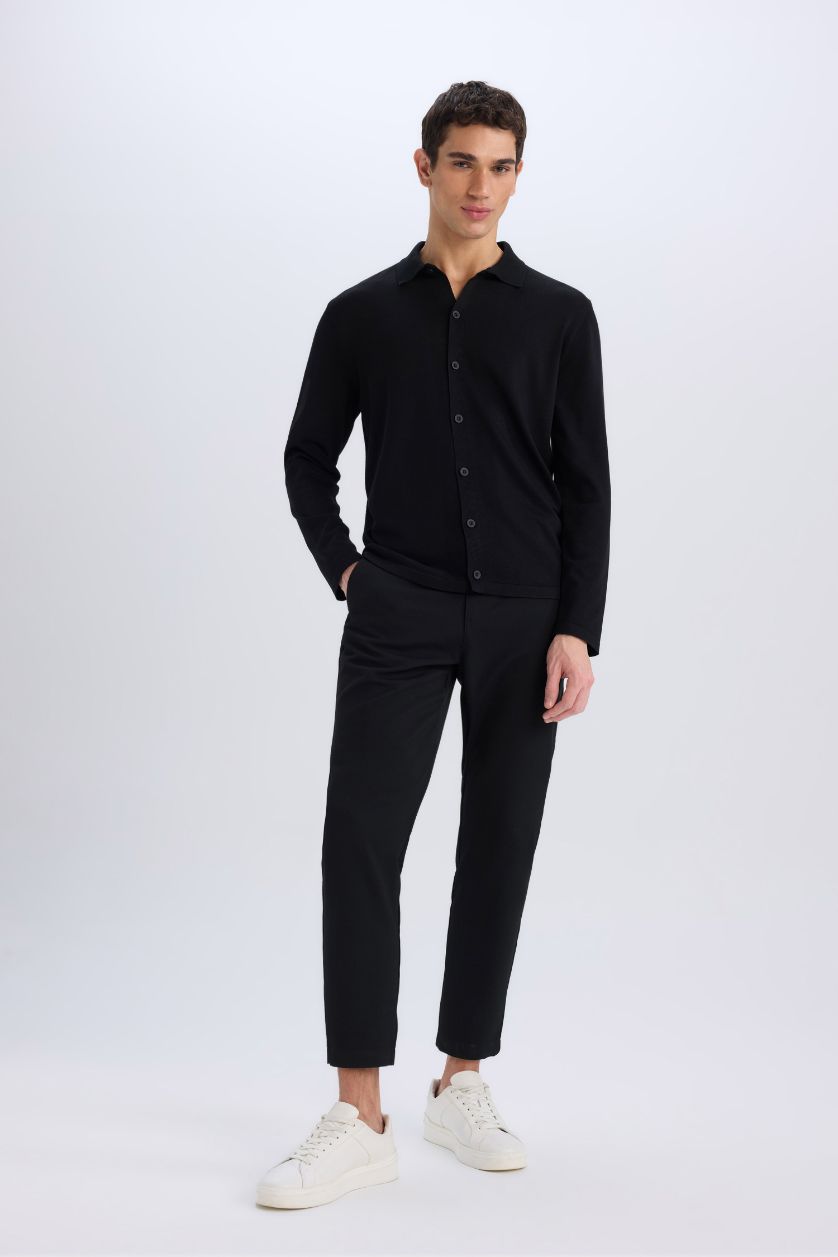 Erkek Siyah Standart Fit Polo Yaka Düğmeli Triko Hırka