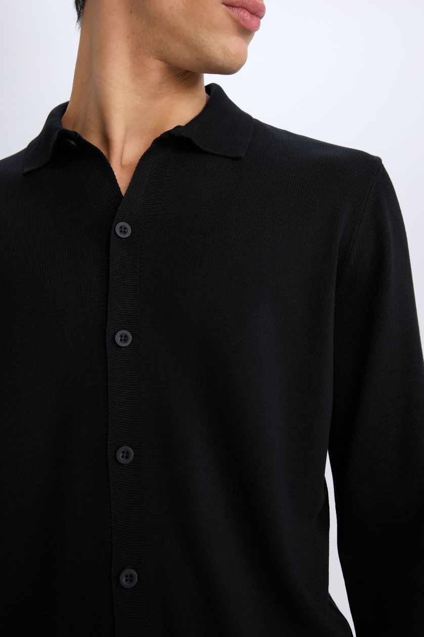 Erkek Siyah Standart Fit Polo Yaka Düğmeli Triko Hırka
